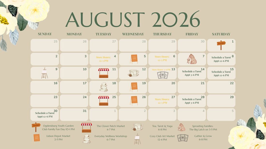 August 2026 calendar. Store hours: Tuesday the 4th 12-5, Thursday the 6th 12-5, Thursday the 13th 3-6, Thursday the 27th 12-5. Tarot appointments: Saturday the 8th 12-6, Friday the 14th 3-6, Saturday the 15th 12-6, Friday the 28th 3-6, Sunday the 30th 12-6.