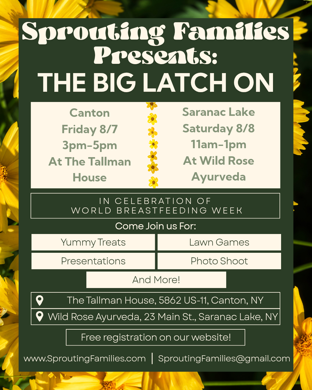 Event flyer for Sprouting Families Presents: The Big Latch On